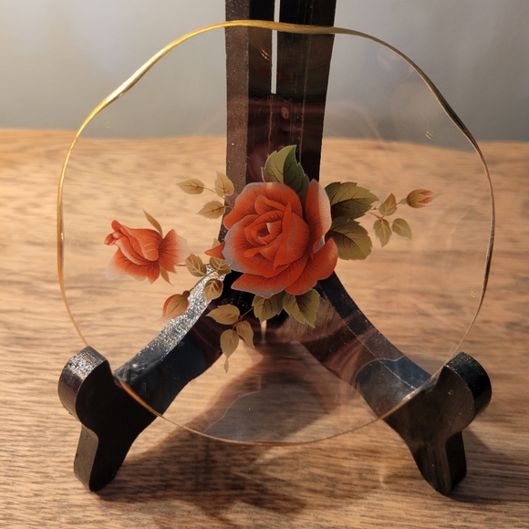 2 VTG Chance Glass Sovereign Rose Decorative Floral Plate Gilt - Picture 3 of 3